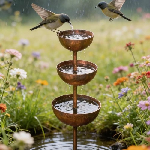 Metal bird bath - bird, water